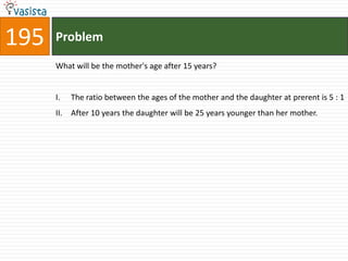 195   Problem

      What will be the mother's age after 15 years?


      I.    The ratio between the ages of the mother and the daughter at prerent is 5 : 1
      II.   After 10 years the daughter will be 25 years younger than her mother.
 