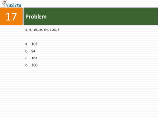 17   Problem

     5, 9, 16,29, 54, 103, ?


     a. 103
     b. 94
     c. 102
     d. 200
 