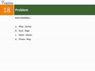 18   Problem

     KICK:FOOTBALL


     a. Mop : Sweep
     b. Dust : Rage
     c. Wash : Dishes
     d. Throw : Ring
 