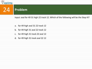 24   Problem

     Input: zeal for 49 31 high 22 track 12. Which of the following will be the Step III?


     a. for 49 high zeal 31 22 track 12
     b. for 49 high 31 zeal 22 track 12
     c. for 49 high 31 track 22 zeal 12
     d. for 49 high 31 track zeal 22 12
 
