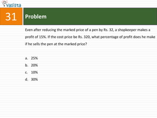 31   Problem

     Even after reducing the marked price of a pen by Rs. 32, a shopkeeper makes a
     profit of 15%. If the cost price be Rs. 320, what percentage of profit does he make
     if he sells the pen at the marked price?


     a. 25%
     b. 20%
     c. 10%
     d. 30%
 