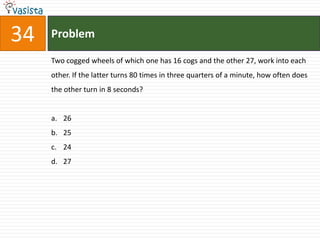 34   Problem

     Two cogged wheels of which one has 16 cogs and the other 27, work into each
     other. If the latter turns 80 times in three quarters of a minute, how often does
     the other turn in 8 seconds?


     a. 26
     b. 25
     c. 24
     d. 27
 