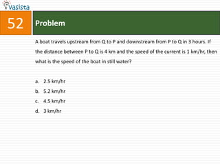 52   Problem

     A boat travels upstream from Q to P and downstream from P to Q in 3 hours. If
     the distance between P to Q is 4 km and the speed of the current is 1 km/hr, then
     what is the speed of the boat in still water?


     a. 2.5 km/hr
     b. 5.2 km/hr
     c. 4.5 km/hr
     d. 3 km/hr
 