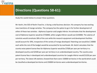 Directions (Questions 58-61):
Study the caselet below to answer these questions.


Mr. Keshri, the CEO of Keshri Food Inc. is facing a vital business decision. His company has two exciting
new inventions of mango varieties. The company has the option to go in for further development of
either of these two varieties - Alphonso Superior and Langda Inferior. He estimates that the development
cost of Alphonso Superior would be $750000, while Langda Inferior would cost $250000. The salaries of
scientists would constitute 28% of the cost while the research equipment and development facilities
would account for 39%, irrespective of the variety of mango developed. Patenting cost would be $ 30000
each while the rest of the budget would be accounted for by overheads. Mr. Keshri calculates that the
country-wise patent license fees for Alphonso Superior would be $7500 per year per territory in a
developed country and $2500 per year per territory in an underdeveloped country. The country-wise
patent license fees in developed and underdeveloped countries for Langda Inferior would $1250 per year
per territory. The latest UN statistics showed that there were 150000 territories in the world which could
be classified as developed territories and 250000 territories were underdeveloped territories.
 
