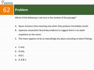 62   Problem

     Which of the following is not true in the context of the passage?


     A. Space missions have meaning only when they produce immediate results
     B. Japanese researchers found key evidence to suggest there is no water
        anywhere on the moon.
     C. The moon appears to be an exceedingly dry place according to latest findings.


     a. C only
     b. B only
     c. B & C
     d. A, B & C
 