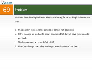 69   Problem

     Which of the following had been a key contributing factor to the global economic
     crisis?


     a. Imbalance in the economic policies of certain rich countries
     b. IMF's stepped up lending to needy countries that did not have the means to
         pay back.
     c. The huge current account deficit of US
     d. China's exchange rate policy leading to a revaluation of the Yuan.
 