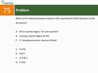75   Problem

     Which of the following factors helped in IOC awarding the 2016 Olympics to Rio
     de Janeiro?


     A. Rio's inspired slogan, 'live your passion'
     B. Leaving a sports legacy for Rio
     C. C. Growing economic stature of Brazil


     a. A only
     b. A & C
     c. A, B & C
     d. C only
 