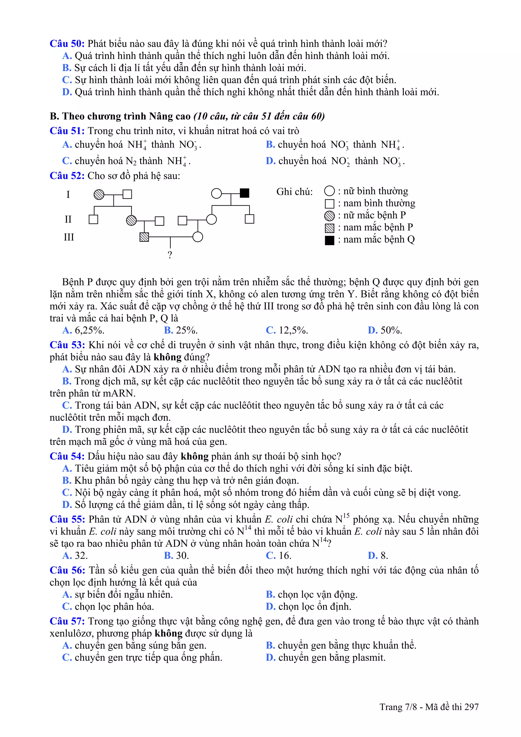 Câu 50: Phát biểu nào sau đây là đúng khi nói về quá trình hình thành loài mới?
A. Quá trình hình thành quần thể thích nghi luôn dẫn đến hình thành loài mới.
B. Sự cách li địa lí tất yếu dẫn đến sự hình thành loài mới.
C. Sự hình thành loài mới không liên quan đến quá trình phát sinh các đột biến.
D. Quá trình hình thành quần thể thích nghi không nhất thiết dẫn đến hình thành loài mới.
B. Theo chương trình Nâng cao (10 câu, từ câu 51 đến câu 60)
Câu 51: Trong chu trình nitơ, vi khuẩn nitrat hoá có vai trò
A. chuyển hoá thành . B. chuyển hoá thành .+
4NH -
3NO -
3NO +
4NH
C. chuyển hoá N2 thành . D. chuyển hoá thành .+
4NH -
2NO -
3NO
Câu 52: Cho sơ đồ phả hệ sau:
: nữ bình thường
: nam bình thường
: nữ mắc bệnh P
: nam mắc bệnh P
: nam mắc bệnh Q
Ghi chú:I
II
III
?
Bệnh P được quy định bởi gen trội nằm trên nhiễm sắc thể thường; bệnh Q được quy định bởi gen
lặn nằm trên nhiễm sắc thể giới tính X, không có alen tương ứng trên Y. Biết rằng không có đột biến
mới xảy ra. Xác suất để cặp vợ chồng ở thế hệ thứ III trong sơ đồ phả hệ trên sinh con đầu lòng là con
trai và mắc cả hai bệnh P, Q là
A. 6,25%. B. 25%. C. 12,5%. D. 50%.
Câu 53: Khi nói về cơ chế di truyền ở sinh vật nhân thực, trong điều kiện không có đột biến xảy ra,
phát biểu nào sau đây là không đúng?
A. Sự nhân đôi ADN xảy ra ở nhiều điểm trong mỗi phân tử ADN tạo ra nhiều đơn vị tái bản.
B. Trong dịch mã, sự kết cặp các nuclêôtit theo nguyên tắc bổ sung xảy ra ở tất cả các nuclêôtit
trên phân tử mARN.
C. Trong tái bản ADN, sự kết cặp các nuclêôtit theo nguyên tắc bổ sung xảy ra ở tất cả các
nuclêôtit trên mỗi mạch đơn.
D. Trong phiên mã, sự kết cặp các nuclêôtit theo nguyên tắc bổ sung xảy ra ở tất cả các nuclêôtit
trên mạch mã gốc ở vùng mã hoá của gen.
Câu 54: Dấu hiệu nào sau đây không phản ánh sự thoái bộ sinh học?
A. Tiêu giảm một số bộ phận của cơ thể do thích nghi với đời sống kí sinh đặc biệt.
B. Khu phân bố ngày càng thu hẹp và trở nên gián đoạn.
C. Nội bộ ngày càng ít phân hoá, một số nhóm trong đó hiếm dần và cuối cùng sẽ bị diệt vong.
D. Số lượng cá thể giảm dần, tỉ lệ sống sót ngày càng thấp.
Câu 55: Phân tử ADN ở vùng nhân của vi khuẩn E. coli chỉ chứa N15
phóng xạ. Nếu chuyển những
vi khuẩn E. coli này sang môi trường chỉ có N14
thì mỗi tế bào vi khuẩn E. coli này sau 5 lần nhân đôi
sẽ tạo ra bao nhiêu phân tử ADN ở vùng nhân hoàn toàn chứa N14
?
A. 32. B. 30. C. 16. D. 8.
Câu 56: Tần số kiểu gen của quần thể biến đổi theo một hướng thích nghi với tác động của nhân tố
chọn lọc định hướng là kết quả của
A. sự biến đổi ngẫu nhiên. B. chọn lọc vận động.
C. chọn lọc phân hóa. D. chọn lọc ổn định.
Câu 57: Trong tạo giống thực vật bằng công nghệ gen, để đưa gen vào trong tế bào thực vật có thành
xenlulôzơ, phương pháp không được sử dụng là
A. chuyển gen bằng súng bắn gen. B. chuyển gen bằng thực khuẩn thể.
C. chuyển gen trực tiếp qua ống phấn. D. chuyển gen bằng plasmit.
Trang 7/8 - Mã đề thi 297
 