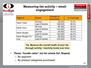 Measuring list activity – email engagement These “hurdle rates” are for whole list. Repeat: By segment By product categories purchased Tip. Measure the overall health of your list  through activity / inactivity levels over time 