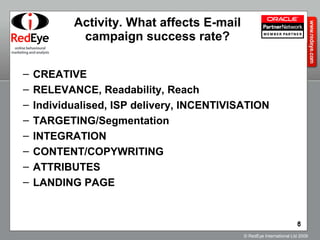 Activity. What affects E-mail campaign success rate? CREATIVE  RELEVANCE, Readability, Reach  Individualised, ISP delivery, INCENTIVISATION  TARGETING/Segmentation  INTEGRATION  CONTENT/COPYWRITING  ATTRIBUTES  LANDING PAGE  