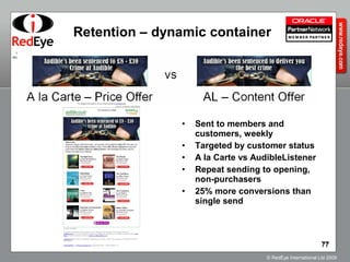 Retention – dynamic container Sent to members and customers, weekly Targeted by customer status A la Carte vs AudibleListener Repeat sending to opening, non-purchasers 25% more conversions than single send 