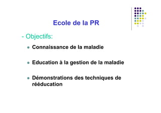Ecole de la PR

- Objectifs:
    Connaissance de la maladie

    Education à la gestion de la maladie

    Démonstrations des techniques de
    rééducation
 