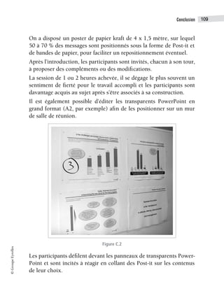 Conclusion 109
©
Groupe
Eyrolles
On a disposé un poster de papier kraft de 4 x 1,5 mètre, sur lequel
50 à 70 % des messages sont positionnés sous la forme de Post-it et
de bandes de papier, pour faciliter un repositionnement éventuel.
Après l’introduction, les participants sont invités, chacun à son tour,
à proposer des compléments ou des modifications.
La session de 1 ou 2 heures achevée, il se dégage le plus souvent un
sentiment de fierté pour le travail accompli et les participants sont
davantage acquis au sujet après s’être associés à sa construction.
Il est également possible d’éditer les transparents PowerPoint en
grand format (A2, par exemple) afin de les positionner sur un mur
de salle de réunion.
Figure C.2
Les participants défilent devant les panneaux de transparents Power-
Point et sont incités à réagir en collant des Post-it sur les contenus
de leur choix.
 
