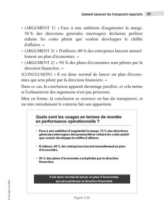 Comment concevoir des transparents impactants 53
©
Groupe
Eyrolles
• (ARGUMENT 1) « Face à une ambition d’augmenter la marge,
76 % des directions générales interrogées déclarent préférer
réduire les coûts plutôt que vouloir développer le chiffre
d’affaires. »
• (ARGUMENT 3) « D’ailleurs, 89 % des entreprises lancent annuel-
lement un plan d’économies. »
• (ARGUMENT 2) « 95 % des plans d’économies sont pilotés par la
direction financière. »
(CONCLUSION) « Il est donc normal de lancer un plan d’écono-
mies qui sera piloté par la direction financière. »
Dans ce cas, la conclusion apparaît davantage justifiée, et cela même
si l’exhaustivité des arguments n’est pas présentée.
Mise en forme, la conclusion se retrouve en bas du transparent, et
un titre introduisant le contenu fait son apparition.
Figure 3.24
 