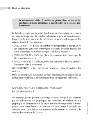 Réussir une présentation
54
©
Groupe
Eyrolles
Le fait de prendre par la main l’auditoire en s’attardant sur chacun
des arguments permet de conduire doucement jusqu’à la conclusion.
Prenez garde à ne pas faire de raccourcis un peu rapides à partir des
arguments dont vous disposez.
• (ARGUMENT 1) « Face à une ambition d’augmenter la marge, 76 %
des directions générales interrogées déclarent préférer réduire les
coûts plutôt que vouloir développer le chiffre d’affaires. »
• (ARGUMENT 2) « 95 % des plans d’économies sont pilotés par la
direction financière. »
• (ARGUMENT 3) « D’ailleurs, 89 % des entreprises lancent annuel-
lement un plan d’économies. »
(CONCLUSION) « Les directeurs financiers aiment réduire les
coûts. »
Dans cet exemple, la conclusion devient déconnectée des arguments et
détruit leur crédibilité. Le mode inductif est ici largement préférable.
QU’AJOUTENT LES SCHÉMAS, TABLEAUX
ET GRAPHIQUES ?
Un message prend parfois davantage de sens lorsqu’il est exprimé
par un schéma ou un graphique. En revanche, un tableau ou un
graphique ne doit pas servir de cache-misère en remplissant le trans-
parent sans contribuer à le nourrir de sens. Dans l’exemple ci-
dessous sont cumulées de nombreuses maladresses qui nuisent à la
qualité des résultats de l’étude.
Le raisonnement déductif s’utilise en général dans les cas où la
conclusion demeure compliquée à appréhender ou à accepter par
l’assemblée.
 