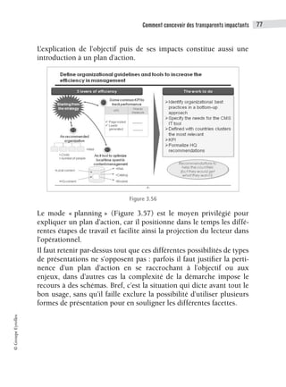Comment concevoir des transparents impactants 77
©
Groupe
Eyrolles
L’explication de l’objectif puis de ses impacts constitue aussi une
introduction à un plan d’action.
Figure 3.56
Le mode « planning » (Figure 3.57) est le moyen privilégié pour
expliquer un plan d’action, car il positionne dans le temps les diffé-
rentes étapes de travail et facilite ainsi la projection du lecteur dans
l’opérationnel.
Il faut retenir par-dessus tout que ces différentes possibilités de types
de présentations ne s’opposent pas : parfois il faut justifier la perti-
nence d’un plan d’action en se raccrochant à l’objectif ou aux
enjeux, dans d’autres cas la complexité de la démarche impose le
recours à des schémas. Bref, c’est la situation qui dicte avant tout le
bon usage, sans qu’il faille exclure la possibilité d’utiliser plusieurs
formes de présentation pour en souligner les différentes facettes.
 