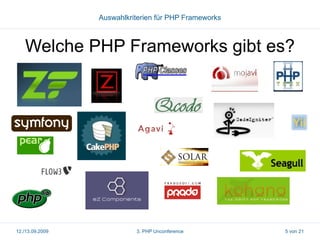 Auswahlkriterien für PHP Frameworks

Welche PHP Frameworks gibt es?

12./13.09.2009

3. PHP Unconference

5 von 21

 