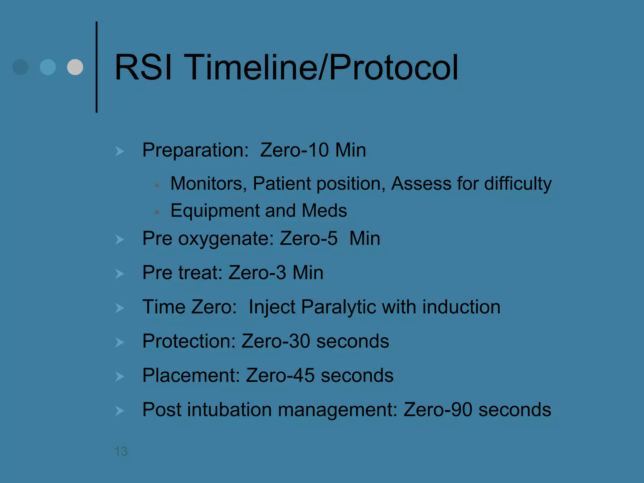 RSI Timeline/Protocol 
Preparation: Zero-10 Min 
Monitors, Patient position, Assess for difficulty 
Equipment and Meds 
Pre oxygenate: Zero-5 Min 
Pre treat: Zero-3 Min 
Time Zero: Inject Paralytic with induction 
Protection: Zero-30 seconds 
Placement: Zero-45 seconds 
Post intubation management: Zero-90 seconds 
13  