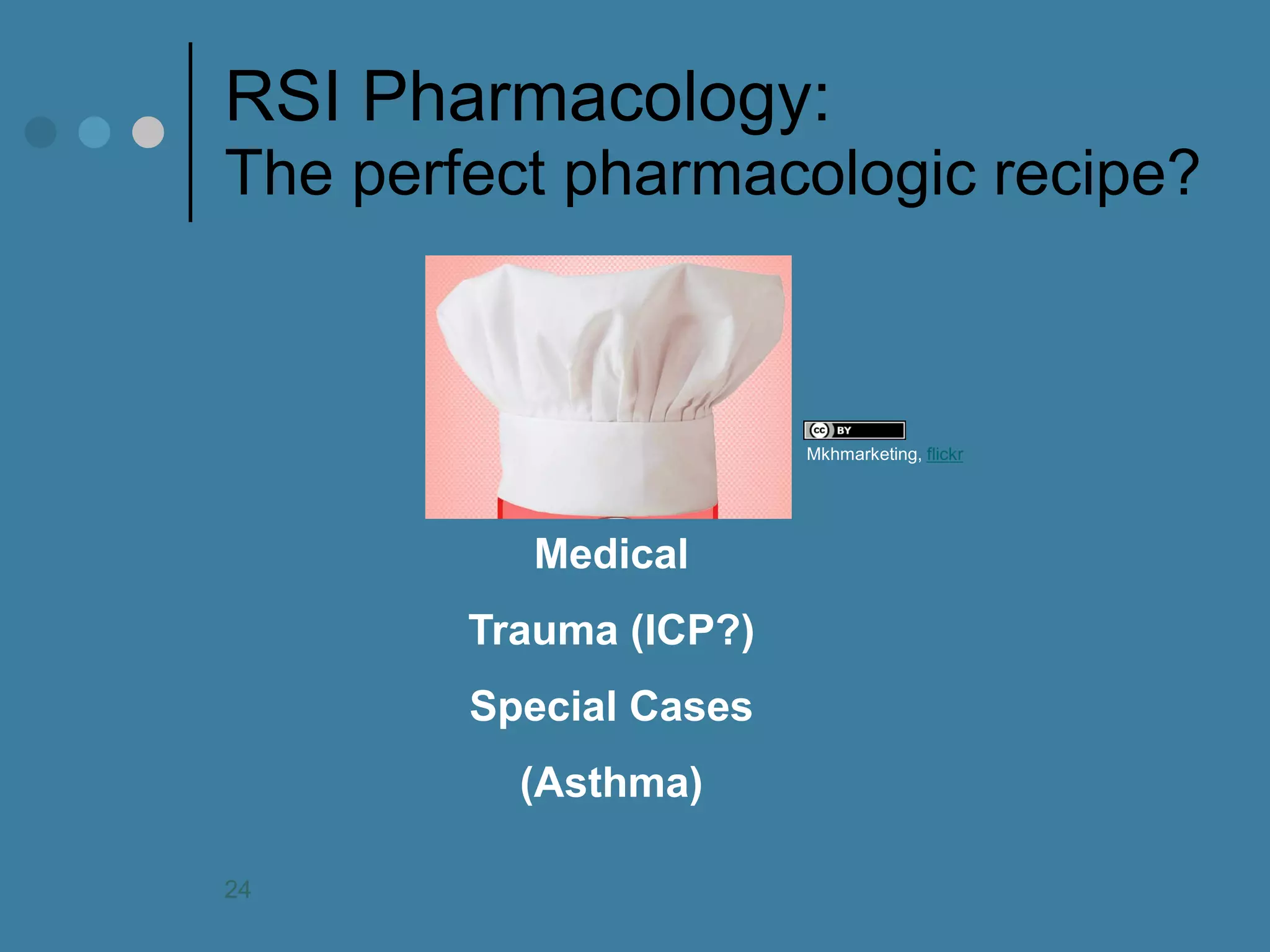 RSI Pharmacology: The perfect pharmacologic recipe? 
Medical Trauma (ICP?) Special Cases (Asthma) 
Mkhmarketing, flickr 
24  