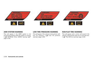 Black plate (108,1)




AWD SYSTEM WARNING                                  LOW TIRE PRESSURE WARNING                              RUN-FLAT TIRE WARNING
This will appear if the AWD system is not           This will appear if the vehicle is being driven with   This will appear and a chime will sound if the
functioning properly while the engine is running.   low tire pressure. (          “Low tire pressure       vehicle is being driven with one or more flat tires.
(      “All-Wheel Drive (AWD) warning light”        warning” page 2-25)                                    (     “Run-flat tire warning” page 2-26)
page 2-23)




2-36 Instruments and controls


                                                                                                                Model "R35-D" EDITED: 2008/ 4/ 18
 