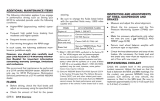 Black plate (8,1)




ADDITIONAL MAINTENANCE ITEMS
The following information applies if you engage          steering.                                                INSPECTION AND ADJUSTMENTS
in performance driving such as driving your                                                                       OF TIRES, SUSPENSION AND
                                                     .   Be sure to change the fluids listed below                BRAKES
GT-R for extended periods under the following
                                                         with the specified fluids every 1,800 miles
conditions.
                                                         (3,000 km).                                              .   Measure and adjust the wheel alignment.
.   Higher-RPM (approaching redline) opera-                                                                       .   Check the tire pressure and the Tire
                                                            ITEMS              GT-R SPECIFIED FLUIDS
    tion                                                                                                              Pressure Monitoring System (TPMS) sen-
                                                      Engine oil            Mobil 1, 0W-40*1                          sor.
.   Frequent high pedal force braking from
                                                                            Genuine NISSAN Transmission
    moderate and higher speeds                        Transmission oil
                                                                            Oil R35 Special                       .   Make tire pressure adjustments only when
.   Frequent throttle activation                                                                                      the tires are cool. (    “WHEELS AND
                                                      Differential oil
                                                                            Castrol SAF-XJ 75W-140                    TIRES” page 8-29)
                                                      (front and rear)
.   Fast revving throughout the RPM range
                                                                            Genuine NISSAN Brake Fluid            .   Secure road wheel balance weights with
In such cases, the following additional main-         Brake fluid                                                     aluminum tape or equivalent.
                                                                            R35 Special DOT4*2
tenance guidelines apply.
                                                     *1: Mobil 1, 0W-40 (100% synthetic) is the factory fill      .   Check the heat deterioration and wear of the
However, you should also carefully read                  oil. The VR38 engine with its plasma-sprayed                 brakes. (As necessary, the brake pad and
your 2009 NISSAN GT-R Warranty Informa-                  bores was developed using this oil. NISSAN                   the brake disc rotor must be replaced as a
tion Booklet for important information                   cannot ensure proper engine operation and dur-               set of four with new ones.)
concerning warranty coverage, limitations                ability if other 0W-40 synthetic oil is used. If Mobil
and exclusions.                                          1, 0W-40 is not available, Mobil 1, 10W-40 (100%         REPLENISHING COOLANT
                                                         synthetic) may be used; however, some perfor-            Check the coolant level in the pressurized
We recommend that maintenance be performed               mance loss may be noticed.                               coolant reservoir. Adjust the level so that the
at a GT-R certified NISSAN dealer. NISSAN will       *2: Genuine NISSAN Brake Fluid R35 Special DOT4              fluid is between the MAX and MIN markings. For
only pay for GT-R Performance Optimization               is the factory fill brake fluid. The Vehicle Dynamic     the coolant, use genuine NISSAN Long Life
Services performed at a GT-R certified NISSAN            Control (VDC) unit and other related parts were          coolant. (On delivery of new vehicle, the
dealer.                                                  specially designed for this brake fluid and NISSAN       reservoir is filled to the MIN level. Be sure to
                                                         cannot ensure the best performance and proper            replenish approximately 0.3 to 0.4 US quart (0.3
FLUIDS                                                   operation of the vehicle if other brake fluid is used.   to 0.4 liter) of coolant.)
.   Before driving, check the fluid levels and
    adjust as necessary using the specified fluid.
.   Check the amount of fluid for the power

GTR-6     GT-R Overview



                                                                                                                       Model "R35-D" EDITED: 2008/ 4/ 18
 