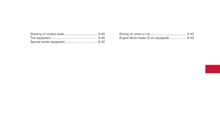 Black plate (20,1)




Draining of coolant water . . . . . . . . . . . . . . . . . . . . . . . . . . . . . . . 5-42                  Driving on snow or ice . . . . . . . . . . . . . . . . . . . . . . . . . . . . . . . . . . 5-42
Tire equipment . . . . . . . . . . . . . . . . . . . . . . . . . . . . . . . . . . . . . . . . . . . . 5-42   Engine block heater (if so equipped). . . . . . . . . . . . . . . . . 5-43
Special winter equipment . . . . . . . . . . . . . . . . . . . . . . . . . . . . . . . 5-42




                                                                                                                                                               Model "R35-D" EDITED: 2008/ 4/ 18
 