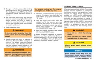 Black plate (221,1)




                                                                                                      TOWING YOUR VEHICLE
3. If engine overheating is caused by climbing      the engine cooling fan. The engine                When towing your vehicle, all State (Provincial in
   a long hill on a hot day, run the engine at a    cooling fan can start at any time.                Canada) and local regulations for towing must
   fast idle (approximately 1,500 rpm) until the                                                      be followed. Incorrect towing equipment could
   temperature gauge indication returns to         7. When the coolant temperature gauge goes         damage your vehicle. Towing instructions are
   normal.                                            down to the midpoint, stop the engine and       available from a GT-R certified NISSAN dealer.
                                                      wait until the gauge goes down further to       Local service operators are familiar with the
4. Get out of the vehicle. Look and listen for
                                                      “C” (cold).                                     applicable laws and procedures for towing. To
   steam or coolant escaping from the radiator
                                                                                                      assure proper towing and to prevent accidental
   before opening the hood. (If steam or           8. After the engine cools down, check the          damage to your vehicle, NISSAN recommends
   coolant is escaping, turn off the engine.)         coolant level in the reservoir tank. Add        that you have a service operator tow your
   Do not open the hood further until no steam        coolant to the reservoir, if necessary, after   vehicle. It is advisable to have the service
   or coolant can be seen.                            opening the coolant reservoir cap with a        operator carefully read the following precau-
                                                      heavy cloth covering it. (        “ENGINE       tions.
5. Open the engine hood.
                                                      COOLING SYSTEM” page 8-9)
                   WARNING                         9. Have your vehicle repaired at the nearest                           WARNING
                                                      GT-R certified NISSAN dealer.
 If steam or water is coming from the                                                                  .   Never ride in a vehicle that is being
 engine, stand clear to prevent getting            If needed, Roadside Assistance is available.            towed.
                                                   Please see your Warranty Information Booklet or
 burned.                                                                                               .   Never get under your vehicle after it
                                                   Roadside Assistance I.D. Card for the toll-free
                                                   number to call (U.S.) or Warranty & Roadside            has been lifted by a tow truck.
6. Visually check drive belts for damage or
   looseness. Also check if the cooling fan is     Assistance Information Booklet (Canada).
   running. The radiator hoses and radiator                                                                                CAUTION
   should not leak water. If coolant is leaking,
   the drive belts are missing or loose, or the                                                        Always attach safety chains before
   cooling fan does not run, stop the engine.                                                          towing.

                   WARNING
                                                                                                                         NOTICE
 Be careful not to allow your hands, hair,
                                                                                                       When towing, make sure that the
 jewelry or clothing to come into contact
                                                                                                       transmission, axles, steering system
 with, or get caught in, engine belts or
                                                                                                       and powertrain are in working condi-
                                                                                                                          In case of emergency 6-7



                                                                                                           Model "R35-D" EDITED: 2008/ 4/ 18
 