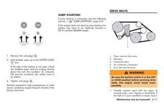Black plate (251,1)




                                                                                                         DRIVE BELTS
                                                    JUMP STARTING
                                                    If jump starting is necessary, see the following
                                                    section. (      “JUMP STARTING” page 6-3)
                                                    If the engine does not start by jump starting, the
                                                    battery may have to be replaced. Contact a
                                                    GT-R certified NISSAN dealer.




1. Remove the cell plugs     *.
                             A                                                                           1.     Power steering fluid pump
                                                                                                         2.     Alternator
2. Add distilled water up to the UPPER LEVEL
   * line.
    1                                                                                                    3.     Crankshaft pulley
                                                                                                         4.     Air conditioner compressor
   If the side of the battery is not clear, check                                                        5.     Drive belt auto-tensioner
   the distilled water level by looking directly
   above the cell; the condition * indicates
                                     1
                                                                                                                                WARNING
   OK and the conditions * needs more to
                              2
   be added.                                                                                                  Be sure the ignition switch is in the OFF
3. Tighten cell plugs   *.
                        A
                                                                                                              or LOCK position before servicing drive
                                                                                                              belts. The engine could rotate unex-
Vehicles operated in high temperatures or under                                                               pectedly.
severe conditions require frequent checks of the
battery fluid level.                                                                                     1. Visually inspect each belt for signs of
                                                                                                            unusual wear, cuts, fraying or looseness. If
                                                                                                            the belt is in poor condition or loose, have it
                                                                                                                   Maintenance and do-it-yourself 8-17



                                                                                                                 Model "R35-D" EDITED: 2008/ 4/ 18
 