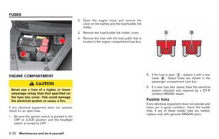 Black plate (256,1)




FUSES
                                                  2. Open the engine hood and remove the
                                                     cover on the battery and the fuse/fusible link
                                                     holder.
                                                  3. Remove the fuse/fusible link holder cover.
                                                  4. Remove the fuse with the fuse puller that is
                                                     located in the engine compartment fuse box.




ENGINE COMPARTMENT                                                                                    5. If the fuse is open * , replace it with a new
                                                                                                                             A
                                                                                                         fuses * . Spare fuses are stored in the
                                                                                                                  B
                                                                                                         passenger compartment fuse box.
                   CAUTION
                                                                                                      6. If a new fuse also opens, have the electrical
 Never use a fuse of a higher or lower                                                                   system checked and repaired by a GT-R
 amperage rating than that specified on                                                                  certified NISSAN dealer.
 the fuse box cover. This could damage
 the electrical system or cause a fire.                                                               Fusible links
                                                                                                      If any electrical equipment does not operate and
If any electrical equipment does not operate,                                                         fuses are in good condition, check the fusible
check for an open fuse.                                                                               links. If any of these fusible links are melted,
                                                                                                      replace only with genuine NISSAN parts.
1. Be sure the ignition switch is pushed to the
   OFF or LOCK position and the headlight
   switch is turned to OFF.


8-22 Maintenance and do-it-yourself


                                                                                                           Model "R35-D" EDITED: 2008/ 4/ 18
 