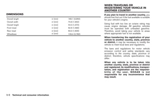 Black plate (286,1)




                                                                     WHEN TRAVELING OR
                                                                     REGISTERING YOUR VEHICLE IN
                                                                     ANOTHER COUNTRY
DIMENSIONS                                                           If you plan to travel in another country, you
                                                                     should first find out if the fuel available is suitable
Overall length                             in (mm)   183.1 (4,650)   for your vehicle’s engine.
Overall width                              in (mm)   74.9 (1,902)
                                                                     Using fuel with too low an octane rating may
Overall height                             in (mm)   54.0 (1,372)
                                                                     cause engine damage. All gasoline vehicles
Front tread                                in (mm)   62.6 (1,590)    must be operated with unleaded gasoline.
Rear tread                                 in (mm)   63.0 (1,600)    Therefore, avoid taking your vehicle to areas
Wheelbase                                  in (mm)   109.4 (2,780)   where appropriate fuel is not available.
                                                                     When transferring the registration of your
                                                                     vehicle to another country, state, province
                                                                     or district, it may be necessary to modify the
                                                                     vehicle to meet local laws and regulations.
                                                                     The laws and regulations for motor vehicle
                                                                     emission control and safety standards vary
                                                                     according to the country, state, province or
                                                                     district; therefore, vehicle specifications may
                                                                     differ.
                                                                     When any vehicle is to be taken into
                                                                     another country, state, province or district
                                                                     and registered, its modifications, transpor-
                                                                     tation, and registration are the responsi-
                                                                     bility of the user. NISSAN is not
                                                                     responsible for any inconvenience that
                                                                     may result.




9-8   Technical and consumer information



                                                                           Model "R35-D" EDITED: 2008/ 4/ 18
 