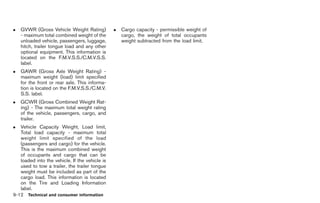 Black plate (290,1)




.   GVWR (Gross Vehicle Weight Rating)           .   Cargo capacity - permissible weight of
    - maximum total combined weight of the           cargo, the weight of total occupants
    unloaded vehicle, passengers, luggage,           weight subtracted from the load limit.
    hitch, trailer tongue load and any other
    optional equipment. This information is
    located on the F.M.V.S.S./C.M.V.S.S.
    label.
.   GAWR (Gross Axle Weight Rating) -
    maximum weight (load) limit specified
    for the front or rear axle. This informa-
    tion is located on the F.M.V.S.S./C.M.V.
    S.S. label.
.   GCWR (Gross Combined Weight Rat-
    ing) - The maximum total weight rating
    of the vehicle, passengers, cargo, and
    trailer.
.   Vehicle Capacity Weight, Load limit,
    Total load capacity - maximum total
    weight limit specified of the load
    (passengers and cargo) for the vehicle.
    This is the maximum combined weight
    of occupants and cargo that can be
    loaded into the vehicle. If the vehicle is
    used to tow a trailer, the trailer tongue
    weight must be included as part of the
    cargo load. This information is located
    on the Tire and Loading Information
    label.
9-12 Technical and consumer information


                                                                                              Model "R35-D" EDITED: 2008/ 4/ 18
 