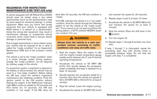 Black plate (295,1)




READINESS FOR INSPECTION/
MAINTENANCE (I/M) TEST (US only)
A vehicle equipped with All-Wheel Drive (AWD)       blink after 20 seconds, the I/M test condition is          and maintain the speed for 20 seconds.
should never be tested using a two wheel            “ready”.
                                                                                                           6. Repeat steps 4 and 5 at least 10 times.
dynamometer (such as the dynamometers used
                                                    If the MIL indicates the vehicle is in a “not ready”
by some states for emissions testing), or similar                                                          7. Accelerate the vehicle to 55 MPH (88 km/h)
                                                    condition, drive the vehicle through the following
equipment. Make sure you inform test facility                                                                 and maintain the speed for at least 3
                                                    pattern to set the vehicle to the “ready condi-
personnel that your vehicle is equipped with                                                                  minutes.
                                                    tion”. If you cannot or do not want to perform the
AWD before it is placed on a dynamometer.
                                                    driving pattern, a GT-R certified NISSAN dealer        8. Stop the vehicle. Place the shift lever in the
Using the wrong test equipment may result in
                                                    can conduct it for you.                                   & position.
                                                                                                               P
transmission damage or unexpected vehicle
movement which could result in serious vehicle
damage or personal injury.                                               WARNING                           9. Turn the engine off.
                                                     Always drive the vehicle in a safe and                10. Repeat steps 1 through 8 at least one more
Due to legal requirements in some states/ areas,
                                                     prudent manner according to traffic                       time.
your vehicle may be required to be in what is
called the “ready condition” for an Inspection/      conditions and obey all traffic laws.                 If step 1 through 7 is interrupted, repeat the
Maintenance (I/M) test of the emission control                                                             preceding step. Any safe driving mode is
system.                                             1. Start the engine. Allow the engine to idle          acceptable between steps. Do not stop the
                                                       until the engine coolant temperature gauge          engine until step 7 is completed.
The vehicle is set to the “ready condition” when       needle points between the C and H (normal
it is driven through certain driving patterns.         operating temperature).
Usually, the “ready condition” can be obtained
by ordinary usage of the vehicle.                   2. Accelerate the vehicle to 55 MPH (88
                                                       km/h), then quickly release the accelerator
If a powertrain system component is repaired or        pedal completely and keep it released for at
the battery is disconnected, the vehicle may be        least 10 seconds.
reset to a “not ready condition”. Before taking
the I/M test, check the vehicle’s inspection/       3. Quickly depress the accelerator pedal for a
maintenance test readiness condition. Push the         moment, then drive the vehicle at a speed of
ignition switch to the ON position without             53 to 60 MPH (86 to 96 km/h) for at least 9
starting the engine. If the Malfunction Indicator      minutes.
Light (MIL) comes on steady for 20 seconds and      4. Stop the vehicle. Leave the engine running.
then blinks for 10 seconds, the I/M test
condition is “not ready”. If the MIL does not       5. Accelerate the vehicle to 35 MPH (55 km/h)

                                                                                                            Technical and consumer information 9-17



                                                                                                                Model "R35-D" EDITED: 2008/ 4/ 18
 