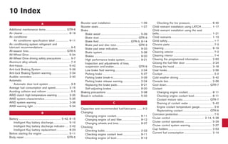 Black plate (1,1)




10 Index
                                                A                                                      Booster seat installation . . . . . . . . . . . . . . . . . . . . . . . . . . . 1-29                     Checking the tire pressure . . . . . . . . . . . . . . . . . . . . 8-32
                                                                                                       Booster seats . . . . . . . . . . . . . . . . . . . . . . . . . . . . . . . . . . . . . . 1-27       Child restraint installation using LATCH. . . . . . . . . . 1-17
Additional maintenance items . . . . . . . . . . . . . . . . . . . GTR-6                               Brake                                                                                                Child restraint installation using the seat
Air cleaner . . . . . . . . . . . . . . . . . . . . . . . . . . . . . . . . . . . . . . . . . . 8-19      Brake assist . . . . . . . . . . . . . . . . . . . . . . . . . . . . . . . . . . . . 5-39         belts. . . . . . . . . . . . . . . . . . . . . . . . . . . . . . . . . . . . . . . . . . . . . . . . . 1-21
Air conditioner                                                                                           Brake dust. . . . . . . . . . . . . . . . . . . . . . . . . . . . . . . . . . . . GTR-9           Child restraints . . . . . . . . . . . . . . . . . . . . . . . . . . . . . . . . . . . . . 1-13
    Air conditioner specification label . . . . . . . . . . . . 9-11                                      Brake fluid . . . . . . . . . . . . . . . . . . . . . . . . . . . . . GTR-3, 8-14                 Child safety. . . . . . . . . . . . . . . . . . . . . . . . . . . . . . . . . . . . . . . . . . . 1-7
Air conditioning system refrigerant and                                                                   Brake pad and disc rotor. . . . . . . . . . . . . . . . . . . . GTR-3                             Chrome parts . . . . . . . . . . . . . . . . . . . . . . . . . . . . . . . . . . . . . . . . 7-3
lubricant recommendations . . . . . . . . . . . . . . . . . . . . . . . . . 9-5                           Brake pad wear indicators . . . . . . . . . . . . . . . . . . . . 8-20                            Cleaning . . . . . . . . . . . . . . . . . . . . . . . . . . . . . . . . . . . . . . . . . . . . 8-19
All-season tires. . . . . . . . . . . . . . . . . . . . . . . . . . . . . . . . . . . GTR-5               Brake system. . . . . . . . . . . . . . . . . . . . . . . . . . . . . . . . . . . 5-38            Cleaning exterior . . . . . . . . . . . . . . . . . . . . . . . . . . . . . . . . . . . . . 7-2
All-Wheel Drive . . . . . . . . . . . . . . . . . . . . . . . . . . . . . . . . . . . . 5-34              Brakes . . . . . . . . . . . . . . . . . . . . . . . . . . . . . . . . . . . . . . . . . . 8-20   Cleaning interior . . . . . . . . . . . . . . . . . . . . . . . . . . . . . . . . . . . . . 7-4
All-Wheel Drive driving safety precautions . . . . . . . . 5-7                                            High performance brake system . . . . . . . . . . . . . . 8-21                                    Clearing the programmed information. . . . . . . . . . . . 2-63
Aluminum alloy wheels . . . . . . . . . . . . . . . . . . . . . . . . . . . . . . 7-3                     Inspection and adjustments of tires,                                                              Closing the fuel-filler door . . . . . . . . . . . . . . . . . . . . . . . . 3-24
Anti-freeze . . . . . . . . . . . . . . . . . . . . . . . . . . . . . . . . . . . . . . . . . . 5-42      suspension and brakes . . . . . . . . . . . . . . . . . . . . . . GTR-6                           Closing the hood . . . . . . . . . . . . . . . . . . . . . . . . . . . . . . . . . . 3-18
Anti-lock Braking System . . . . . . . . . . . . . . . . . . . . . . . . . 5-39                           Low brake fluid warning . . . . . . . . . . . . . . . . . . . . . . . 2-34                        Coat hooks . . . . . . . . . . . . . . . . . . . . . . . . . . . . . . . . . . . . . . . . . 2-56
Anti-lock Braking System warning. . . . . . . . . . . . . . . . 2-34                                      Parking brake . . . . . . . . . . . . . . . . . . . . . . . . . . . . . . . . . . 5-27            Cockpit . . . . . . . . . . . . . . . . . . . . . . . . . . . . . . . . . . . . . . . . . . . . . . . 2-2
Audible reminders . . . . . . . . . . . . . . . . . . . . . . . . . . . . . . . . . 2-30                  Parking brake break-in. . . . . . . . . . . . . . . . . . . . . . . . . 5-39                      Cold weather driving . . . . . . . . . . . . . . . . . . . . . . . . . . . . . . 5-42
Automatic                                                                                                 Parking brake release warning . . . . . . . . . . . . . . . . 2-34                                Console box . . . . . . . . . . . . . . . . . . . . . . . . . . . . . . . . . . . . . . . . 2-56
    Automatic door lock system . . . . . . . . . . . . . . . . . . . . 3-5                                Replacing the brake pads . . . . . . . . . . . . . . . . . . . . . 8-21                           Cool down. . . . . . . . . . . . . . . . . . . . . . . . . . . . . . . . . . . . . . . . GTR-7
Average fuel consumption and speed. . . . . . . . . . . . 2-15                                            Self-adjusting brakes . . . . . . . . . . . . . . . . . . . . . . . . . . 8-20                    Coolant
Avoiding collision and rollover . . . . . . . . . . . . . . . . . . . . . . 5-5                        Braking precautions . . . . . . . . . . . . . . . . . . . . . . . . . . . . . . . 5-38                   Changing engine coolant. . . . . . . . . . . . . . . . . . . . . . 8-11
AWD clutch high temperature warning . . . . . . . . . . 2-35                                           Break-in schedule. . . . . . . . . . . . . . . . . . . . . . . . . . . . . . . . . . 5-32                Checking engine coolant level . . . . . . . . . . . . . . . . 8-11
AWD system characteristics . . . . . . . . . . . . . . . . . . . . . . 5-35                                                                                                                                     Coolant mixture ratio. . . . . . . . . . . . . . . . . . . . . . . . . GTR-7
AWD system warning . . . . . . . . . . . . . . . . . . . . . . . . . . . . . 2-36                                                                     C                                                         Draining of coolant water . . . . . . . . . . . . . . . . . . . . . 5-42
AWD warning light . . . . . . . . . . . . . . . . . . . . . . . . . . . . . . . . 5-34                                                                                                                          Engine coolant temperature gauge . . . . . . . . . . . . . 2-6
                                                                                                       Capacities and recommended fuel/lubricants . . . . . 9-2
                                                                                                                                                                                                                Replenishing coolant . . . . . . . . . . . . . . . . . . . . . . . . GTR-6
                                                B                                                      Changing
                                                                                                                                                                                                            Corrosion protection. . . . . . . . . . . . . . . . . . . . . . . . . . . . . . . . . 7-5
                                                                                                         Changing engine coolant. . . . . . . . . . . . . . . . . . . . . . 8-11
Battery . . . . . . . . . . . . . . . . . . . . . . . . . . . . . . . . . . . . . . . 5-42, 8-15                                                                                                            Cruise control . . . . . . . . . . . . . . . . . . . . . . . . . . . . . . . 2-14, 5-28
                                                                                                         Changing engine oil and filter. . . . . . . . . . . . . . . . . 8-12
   Intelligent Key battery discharge. . . . . . . . . . . . . . 5-10                                                                                                                                        Cruise control operations . . . . . . . . . . . . . . . . . . . . . . . . . 5-29
                                                                                                         Changing wheels and tires. . . . . . . . . . . . . . . . . . . . 8-37
   Intelligent Key battery discharge indicator . . . 2-42                                                                                                                                                   Cruise control system warning. . . . . . . . . . . . . . . . . . . . 2-37
                                                                                                       Checking
   Intelligent Key battery replacement . . . . . . . . . . . 8-23                                                                                                                                           Cup holders . . . . . . . . . . . . . . . . . . . . . . . . . . . . . . . . . . . . . . . . 2-53
                                                                                                         Checking bulbs . . . . . . . . . . . . . . . . . . . . . . . . . . . . . . . . 2-23
Before starting the engine . . . . . . . . . . . . . . . . . . . . . . . . 5-11                                                                                                                             Current fuel consumption . . . . . . . . . . . . . . . . . . . . . . . . . 2-14
                                                                                                         Checking engine coolant level . . . . . . . . . . . . . . . . 8-11
Body repair . . . . . . . . . . . . . . . . . . . . . . . . . . . . . . . . . . . . . . . GTR-5          Checking engine oil level. . . . . . . . . . . . . . . . . . . . . . 8-12



                                                                                                                                                                                                                        Model "R35-D" EDITED: 2008/ 4/ 18
 