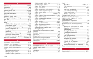 Black plate (2,1)




                                                   D                                                             Checking engine coolant level . . . . . . . . . . . . . . . . 8-11                                          Fluid
                                                                                                                 Checking engine oil level. . . . . . . . . . . . . . . . . . . . . . 8-12                                       Brake fluid . . . . . . . . . . . . . . . . . . . . . . . . . . . . . GTR-3, 8-14
Differential oil. . . . . . . . . . . . . . . . . . . . . . . . . . . . . . . . . . . . . GTR-2                  Engine block heater . . . . . . . . . . . . . . . . . . . . . . . . . . . 5-43                                  Fluid level check . . . . . . . . . . . . . . . . . . . . . . . . . . . . . . . 8-16
Dimensions . . . . . . . . . . . . . . . . . . . . . . . . . . . . . . . . . . . . . . . . . . . 9-8             Engine compartment. . . . . . . . . . . . . . . . . . . . . . . . . . . 8-22                                    Fluids . . . . . . . . . . . . . . . . . . . . . . . . . . . . . . . . . . . . . . . . . GTR-6
Distance to empty . . . . . . . . . . . . . . . . . . . . . . . . . . . . . . . . . 2-16                         Engine compartment check locations . . . . . . . . . . 8-7                                                      Low brake fluid warning . . . . . . . . . . . . . . . . . . . . . . . 2-34
Distortion of rear wing. . . . . . . . . . . . . . . . . . . . . . . . . . . GTR-8                               Engine coolant temperature gauge . . . . . . . . . . . . . 2-6                                                  Low washer fluid warning . . . . . . . . . . . . . . . . . . . . . 2-38
Door pocket . . . . . . . . . . . . . . . . . . . . . . . . . . . . . . . . . . . . . . . . 2-55                 Engine cooling system . . . . . . . . . . . . . . . . . . . . . . . . . . 8-9                                   Power steering fluid . . . . . . . . . . . . . . . . . . . . . . . . . . . 8-13
Door/trunk open warning . . . . . . . . . . . . . . . . . . . . . . . . . . 2-38                                 Engine oil . . . . . . . . . . . . . . . . . . . . . . . . . . . . . . GTR-2, 8-12                              Window washer fluid . . . . . . . . . . . . . . . . . . . . . . . . . . 8-15
Doors . . . . . . . . . . . . . . . . . . . . . . . . . . . . . . . . . . . . . . . . . . . . . . . . . 3-4      Engine oil and oil filter recommendation . . . . . . . 9-4                                                  Freeing a frozen door lock . . . . . . . . . . . . . . . . . . . . . . . . 5-42
Draining of coolant water . . . . . . . . . . . . . . . . . . . . . . . . . 5-42                                 Engine oil level display . . . . . . . . . . . . . . . . . . . . . . . . 2-11                               Front seat-mounted side-impact
Drinking alcohol/drugs and driving . . . . . . . . . . . . . . . . . 5-7                                         Engine oil low pressure warning. . . . . . . . . . . . . . 2-32                                             supplemental air bag and roof-mounted
Drive belts . . . . . . . . . . . . . . . . . . . . . . . . . . . . . . . . . . . . . . . . . . 8-17             Engine serial number . . . . . . . . . . . . . . . . . . . . . . . . . . . . 9-9                            curtain side-impact
Drive computer. . . . . . . . . . . . . . . . . . . . . . . . . . . . . . . . . . . . . 2-13                                                                                                                                 supplemental air bag system. . . . . . . . . . . . . . . . . . . . . . 1-40
                                                                                                                 Engine settings. . . . . . . . . . . . . . . . . . . . . . . . . . . . . . . GTR-4
Driving                                                                                                                                                                                                                      Front seats . . . . . . . . . . . . . . . . . . . . . . . . . . . . . . . . . . . . . . . . . . . 1-2
                                                                                                                 Engine speed is restricted . . . . . . . . . . . . . . . . . . GTR-7
    All-Wheel Drive driving safety precautions . . . . 5-7                                                                                                                                                                   Front/rear tire size discrepancy warning . . . . . . . . . 2-35
                                                                                                                 Engine start operation indicator . . . . . . . . . . . . . . 2-40
    Cold weather driving . . . . . . . . . . . . . . . . . . . . . . . . . . 5-42                                                                                                                                            Fuel
                                                                                                                 Engine system warning . . . . . . . . . . . . . . . . . . . . . . . . 2-32
    Drinking alcohol/drugs and driving . . . . . . . . . . . . . 5-7                                                                                                                                                             Average fuel consumption and speed. . . . . . . . 2-15
                                                                                                                 Operating range for engine start . . . . . . . . . . . . . . . 5-8
    Driving on SNOW or ice . . . . . . . . . . . . . . . . . . . . . . 5-42                                                                                                                                                      Capacities and recommended
                                                                                                                 Starting the engine . . . . . . . . . . . . . . . . . . . . . . . . . . . . 5-11
    Driving the vehicle . . . . . . . . . . . . . . . . . . . . . . . . . . . . . 5-13                                                                                                                                           fuel/lubricants . . . . . . . . . . . . . . . . . . . . . . . . . . . . . . . . . . . . 9-2
                                                                                                              Environmental factors influence the rate of
    Driving tips . . . . . . . . . . . . . . . . . . . . . . . . . . . . . . . . . . . . . 5-19                                                                                                                                  Closing the fuel-filler door . . . . . . . . . . . . . . . . . . . . 3-24
                                                                                                              corrosion. . . . . . . . . . . . . . . . . . . . . . . . . . . . . . . . . . . . . . . . . . . . . . 7-5
    Noises are heard while driving. . . . . . . . . . . . . . GTR-8                                                                                                                                                              Current fuel consumption . . . . . . . . . . . . . . . . . . . . . 2-14
                                                                                                              Event data recorders . . . . . . . . . . . . . . . . . . . . . . . . . . . . . . 9-18
    Precautions before driving . . . . . . . . . . . . . . . . . . GTR-5                                                                                                                                                         Fuel gauge . . . . . . . . . . . . . . . . . . . . . . . . . . . . . . . . . . . . . . . 2-7
                                                                                                              Exhaust gas . . . . . . . . . . . . . . . . . . . . . . . . . . . . . . . . . . . . . . . . . . 5-2
    Precautions when starting and driving . . . . . . . . . 5-2                                                                                                                                                                  Fuel recommendation. . . . . . . . . . . . . . . . . . . . . . . . . . . . 9-3
                                                                                                              Exhaust muffler . . . . . . . . . . . . . . . . . . . . . . . . . . . . . . . . . . . GTR-3
Dual clutch transmission . . . . . . . . . . . . . . . . . GTR-9, 5-13                                                                                                                                                           Fuel-filler door. . . . . . . . . . . . . . . . . . . . . . . . . . . . . . . . . . 3-22
                                                                                                              Explanation of maintenance items . . . . . . . . . . . . . . . . . . 8-3
                                                                                                                                                                                                                                 Increasing fuel economy. . . . . . . . . . . . . . . . . . . . . . . 5-33
                                                                                                              Exterior and interior lights . . . . . . . . . . . . . . . . . . . . . . . . . 8-27
                                                   E                                                                                                                                                                             Low fuel warning. . . . . . . . . . . . . . . . . . . . . . . . . . . . . . . 2-37
                                                                                                              Exterior parts . . . . . . . . . . . . . . . . . . . . . . . . . . . . . . . . . . . . . GTR-3
                                                                                                                                                                                                                                 Opening the fuel filler door . . . . . . . . . . . . . . . . . . . 3-23
Elapsed time and trip odometer . . . . . . . . . . . . . . . . . . 2-15                                                                                                                                                          Refueling precautions . . . . . . . . . . . . . . . . . . . . . . . GTR-7
                                                                                                                                                                  F
Emergency trunk lid release. . . . . . . . . . . . . . . . . . . . . . . 3-21                                                                                                                                                    Refueling stops before the tank is full. . . . . . GTR-7
Emission control information label . . . . . . . . . . . . . . . . 9-10                                       F.M.V.S.S./C.M.V.S.S. certification label. . . . . . . . . . 9-10                                              Fuses . . . . . . . . . . . . . . . . . . . . . . . . . . . . . . . . . . . . . . . . . . . . . . . 8-22
Emission control system warranty . . . . . . . . . . . . . . . . 9-16                                         Features of each mode. . . . . . . . . . . . . . . . . . . . . . . . . . . . 5-23
Engine . . . . . . . . . . . . . . . . . . . . . . . . . . . . . . . . . . . . . . . . . . . . . . . . 9-6    Flat tire. . . . . . . . . . . . . . . . . . . . . . . . . . . . . . . . . . . . . . . . . . . . . . . . 6-2                                                     G
   Before starting the engine . . . . . . . . . . . . . . . . . . . . 5-11                                    Flat towing. . . . . . . . . . . . . . . . . . . . . . . . . . . . . . . . . . . . . . . . . . 9-15
   Changing engine coolant. . . . . . . . . . . . . . . . . . . . . . 8-11                                                                                                                                                   Gasoline smell . . . . . . . . . . . . . . . . . . . . . . . . . . . . . . . . . . . GTR-7
                                                                                                              Floor mats . . . . . . . . . . . . . . . . . . . . . . . . . . . . . . . . . . . . . . . . . . . . 7-4
   Changing engine oil and filter. . . . . . . . . . . . . . . . . 8-12

10-2



                                                                                                                                                                                                                                        Model "R35-D" EDITED: 2008/ 4/ 18
 