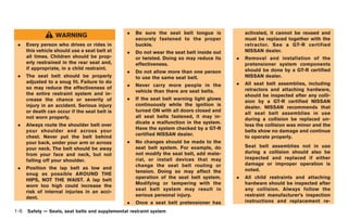 Black plate (32,1)




                                                 .   Be sure the seat belt tongue is            activated, it cannot be reused and
                   WARNING                           securely fastened to the proper            must be replaced together with the
 .    Every person who drives or rides in            buckle.                                    retractor. See a GT-R certified
      this vehicle should use a seat belt at     .   Do not wear the seat belt inside out       NISSAN dealer.
      all times. Children should be prop-            or twisted. Doing so may reduce its    .   Removal and installation of the
      erly restrained in the rear seat and,          effectiveness.                             pretensioner system components
      if appropriate, in a child restraint.                                                     should be done by a GT-R certified
                                                 .   Do not allow more than one person
 .    The seat belt should be properly               to use the same seat belt.                 NISSAN dealer.
      adjusted to a snug fit. Failure to do                                                 .   All seat belt assemblies, including
                                                 .   Never carry more people in the
      so may reduce the effectiveness of                                                        retractors and attaching hardware,
                                                     vehicle than there are seat belts.
      the entire restraint system and in-                                                       should be inspected after any colli-
      crease the chance or severity of           .   If the seat belt warning light glows
                                                                                                sion by a GT-R certified NISSAN
      injury in an accident. Serious injury          continuously while the ignition is
                                                                                                dealer. NISSAN recommends that
      or death can occur if the seat belt is         turned ON with all doors closed and
                                                                                                all seat belt assemblies in use
      not worn properly.                             all seat belts fastened, it may in-
                                                                                                during a collision be replaced un-
                                                     dicate a malfunction in the system.
 .    Always route the shoulder belt over                                                       less the collision was minor and the
                                                     Have the system checked by a GT-R
      your shoulder and across your                                                             belts show no damage and continue
                                                     certified NISSAN dealer.
      chest. Never put the belt behind                                                          to operate properly.
      your back, under your arm or across        .   No changes should be made to the
                                                     seat belt system. For example, do          Seat belt assemblies not in use
      your neck. The belt should be away
                                                     not modify the seat belt, add mate-        during a collision should also be
      from your face and neck, but not
                                                     rial, or install devices that may          inspected and replaced if either
      falling off your shoulder.
                                                     change the seat belt routing or            damage or improper operation is
 .    Position the lap belt as low and                                                          noted.
                                                     tension. Doing so may affect the
      snug as possible AROUND THE
                                                     operation of the seat belt system.     .   All child restraints and attaching
      HIPS, NOT THE WAIST. A lap belt
                                                     Modifying or tampering with the            hardware should be inspected after
      worn too high could increase the
                                                     seat belt system may result in             any collision. Always follow the
      risk of internal injuries in an acci-
                                                     serious personal injury.                   restraint manufacturer’s inspection
      dent.
                                                 .   Once a seat belt pretensioner has          instructions and replacement re-

1-6   Safety — Seats, seat belts and supplemental restraint system



                                                                                                Model "R35-D" EDITED: 2008/ 4/ 18
 