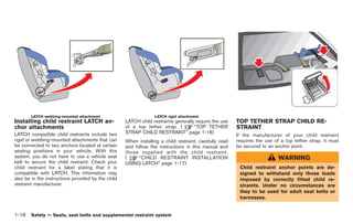 Black plate (42,1)




        LATCH webbing-mounted attachment                          LATCH rigid attachment
Installing child restraint LATCH an-                LATCH child restraints generally require the use    TOP TETHER STRAP CHILD RE-
chor attachments                                    of a top tether strap. (        “TOP TETHER         STRAINT
LATCH compatible child restraints include two       STRAP CHILD RESTRAINT” page 1-16)
                                                                                                        If the manufacturer of your child restraint
rigid or webbing-mounted attachments that can       When installing a child restraint, carefully read   requires the use of a top tether strap, it must
be connected to two anchors located at certain      and follow the instructions in this manual and      be secured to an anchor point.
seating positions in your vehicle. With this        those supplied with the child restraint.
system, you do not have to use a vehicle seat       (     “CHILD RESTRAINT INSTALLATION                                     WARNING
belt to secure the child restraint. Check your      USING LATCH” page 1-17)
child restraint for a label stating that it is                                                           Child restraint anchor points are de-
compatible with LATCH. This information may                                                              signed to withstand only those loads
also be in the instructions provided by the child                                                        imposed by correctly fitted child re-
restraint manufacturer.                                                                                  straints. Under no circumstances are
                                                                                                         they to be used for adult seat belts or
                                                                                                         harnesses.


1-16 Safety — Seats, seat belts and supplemental restraint system


                                                                                                             Model "R35-D" EDITED: 2008/ 4/ 18
 