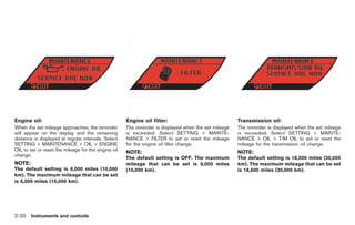 Black plate (92,1)




Engine oil:                                          Engine oil filter:                               Transmission oil:
When the set mileage approaches, the reminder        The reminder is displayed when the set mileage   The reminder is displayed when the set mileage
will appear on the display and the remaining         is exceeded. Select SETTING > MAINTE-            is exceeded. Select SETTING > MAINTE-
distance is displayed at regular intervals. Select   NANCE > FILTER to set or reset the mileage       NANCE > OIL > T/M OIL to set or reset the
SETTING > MAINTENANCE > OIL > ENGINE                 for the engine oil filter change.                mileage for the transmission oil change.
OIL to set or reset the mileage for the engine oil   NOTE:                                            NOTE:
change.
                                                     The default setting is OFF. The maximum          The default setting is 18,500 miles (30,000
NOTE:                                                mileage that can be set is 6,000 miles           km). The maximum mileage that can be set
The default setting is 6,000 miles (10,000           (10,000 km).                                     is 18,500 miles (30,000 km).
km). The maximum mileage that can be set
is 6,000 miles (10,000 km).




2-20 Instruments and controls


                                                                                                           Model "R35-D" EDITED: 2008/ 4/ 18
 