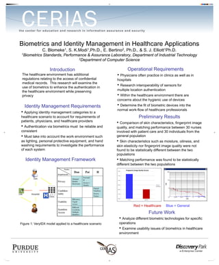 2009 - 3F8-BC7 - Biometrics and Identity Management in Healthcare Applications - blomekec@purdue.edu - IAP




                      Biometrics and Identity Management in Healthcare Applications
                                                              C.       Blomeke1,                             S.   K.Modi1,Ph.D.,      E.   Bertino2,    Ph.D., & S. J.                          Elliott1Ph.D.
                          1Biometrics                          Standards, Performance & Assurance Laboratory, Department of Industrial Technology
                                                                                  2Department of Computer Science



                                                                           Introduction                                                                   Operational Requirements
                           The healthcare environment has additional                                                                           • Physicians often practice in clinics as well as in
                           regulations relating to the access of confidential                                                                  hospitals
                           medical records. This research will examine the
                           use of biometrics to enhance the authentication in
                                                                                                                                               • Research interoperability of sensors for
                           the healthcare environment while preserving                                                                         multiple location authentication
                           privacy                                                                                                             • Within the healthcare environment there are
                                                                                                                                               concerns about the hygienic use of devices
                               Identity Management Requirements                                                                                • Determine the fit of biometric devices into the
                                                                                                                                               normal work-flow of healthcare professionals
                         • Applying identity management categories to a
                         healthcare scenario to account for requirements of                                                                                               Preliminary Results
                         patients, physicians, and healthcare providers
                                                                                                                                               • Comparison of skin characteristics, fingerprint image
                         • Authentication via biometrics must                                                       be reliable and            quality, and matching performance between 30 nurses
                         consistent                                                                                                            involved with patient care and 30 individuals from the
                         • Must take into account the work environment such                                                                    general population
                         as lighting, personal protective equipment, and hand                                                                  • Skin characteristics such as moisture, oiliness, and
                         washing requirements to investigate the performance                                                                   skin elasticity nor fingerprint image quality were not
                         of each system                                                                                                        found to be statistically different between the two
                                                                                                                                               populations
                                 Identity Management Framework                                                                                 • Matching performance was found to be statistically
                                                                                                                                               different between the two populations
                                                                                                                                                        Fingerprint Image Quality Scores
                                                                                                                                                72.00




                                                                                                                                                71.00




                                                                                                                                                70.00




                                                                                                                                                69.00                                             General
                                                                                                                                                                                                  Healthcare


                                                                                                                                                68.00




                                                                                                                                                67.00




                                                                                                                                                66.00
                                                                                                                                                          General                 Healthcare




                                                                                                                                                                    Red = Healthcare                           Blue = General
                                                                                                                                                                                               Future Work
                                                                                                                                                  • Analyze different biometric technologies for specific
                        Figure 1: VeryIDX model applied to a healthcare scenario                                                                  operations
                                                                                                                                                  • Examine usability issues of biometrics in healthcare
                                                                                                                                                  environment




3F8-BC7.pdf 1                                                                                                                                                                                                                   3/9/2009 5:27:37 PM
 