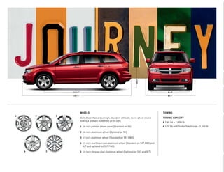 69.5"
                    113.8"                                                                          61.8"
                    192.4"                                                                          83.7"




                             WHEELS                                                              TOWING
1       2       3
                             Styled to enhance Journey’s abundant attitude, every wheel choice   TOWING CAPACITY
                             makes a brilliant statement all its own.                             2.4L I-4 – 1,000 lb
                             1 16-inch painted wheel cover (Standard on SE)                       3.5L V6 with Trailer Tow Group – 3,500 lb

                             2 16-inch aluminum wheel (Optional on SE)

                             3 17-inch aluminum wheel (Standard on SXT FWD)

                             4 19-inch machined cast-aluminum wheel (Standard on SXT AWD and
                               R/T and optional on SXT FWD)

    4       5                5 19-inch chrome-clad aluminum wheel (Optional on SXT and R/T)
 