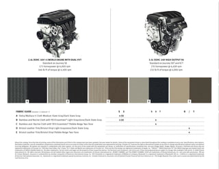 2.4L DOHC 16V I-4 WORLD ENGINE WITH DUAL VVT                                                                                                                                3.5L SOHC 24V HIGH OUTPUT V6
                                Standard on Journey SE                                                                                                                                           Standard on Journey SXT and R/T
                             173 horsepower @ 6,000 rpm                                                                                                                                           235 horsepower @ 6,400 rpm
                            166 lb-ft of torque @ 4,400 rpm                                                                                                                                      232 lb-ft of torque @ 4,000 rpm




                A                                                            B                                                       C                                                         D                                                          E



 FABRIC GUIDE Standard - S, Optional - O                                                                                                            S      E                                       S     X     T                                   R     /      T
 A Delta/Wallace II Cloth Medium Slate Gray/Dark Slate Gray                                                                                          x (S)
                                                                         ®
 B Bamboo and Racine Cloth with YES Essentials Light Graystone/Dark Slate Gray                                                                       x (0)                                               x
 C Bamboo and Racine Cloth with YES Essentials® Pebble Beige Two-Tone                                                                                                                                    x
 D Bristol Leather Trim/Bristol Vinyl Light Graystone/Dark Slate Gray                                                                                                                                                                                    x
 E Bristol Leather Trim/Bristol Vinyl Pebble Beige Two-Tone                                                                                                                                                                                              x



About this catalog: Since the time of printing, some of the information you’ll ﬁnd in this catalog may have been updated. Ask your dealer for details. Some of the equipment shown or described throughout this catalog is available at extra cost. Speciﬁcations, descriptions,
illustrative materials, and all competitive comparisons contained herein are as accurate as known at the time this publication was approved for printing. Chrysler LLC reserves the right to discontinue models at any time or change speciﬁcations without notice and without
incurring obligation. All options are required in combination with other options. For the price of the model with the equipment you desire, or veriﬁcation of speciﬁcations contained here, see your Dodge dealer. Dodge, Mopar, UConnect, ParkView and Sentry Key are
registered trademarks of Chrysler LLC. DVD Rear Seat Video, Flip ’n Stow, Tilt ’n Slide and MyGIG are trademarks of Chrysler LLC. iPod and the iPod design are registered trademarks of Apple, Inc. “SIRIUS,” “SIRIUS Backseat TV,” the SIRIUS dog logo and related marks are
trademarks of SIRIUS Satellite Radio Inc. All other trademarks, service marks and logos are the property of their respective owners. For full terms and conditions, visit sirius.com. Prices and programming are subject to change. Not available in AK and HI. © 2008 Viacom
International Inc. All rights reserved. Nickelodeon and all related titles, logos and characters are trademarks of Viacom International Inc. DISNEY CHANNEL and The DISNEY CHANNEL LOGO are trademarks of Disney Enterprises, Inc. and used with permission. TM and
© Cartoon Network. Insurance is underwritten by member companies of American International Group, Inc. YES Essentials is a registered trademark of Milliken & Company. Bluetooth is a registered trademark of Bluetooth SIG Inc. ∞Inﬁnity is a registered trademark
of Harman International Industries, Inc. HomeLink is a registered trademark owned by Johnson Controls, Inc. Chrysler Financial is a business unit of DaimlerChrysler Financial Services Americas LLC. The Dodge Rewards Visa credit card is issued and administered by FIA
Card Services, N.A.
 