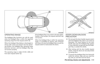 SPA2038                                                WPD0375

OPERATING RANGE                                     If the Intelligent Key is too close to the door glass,    DOOR LOCKS/UNLOCKS
                                                    handle or rear bumper, the request switches may           PRECAUTION
The Intelligent Key functions can only be used      not function.
when the Intelligent Key is within the specified                                                               ● Do not push the door handle request switch
operating range from the request switch ᭺.
                                         1          When the Intelligent Key is within the operating             with the Intelligent Key held in your hand as
                                                    range, it is possible for anyone, even someone               illustrated. The close distance to the door
When the Intelligent Key battery is discharged or   who does not carry the Intelligent Key, to push the          handle will cause the Intelligent Key system
strong radio waves are present near the operat-     request switch to lock/unlock the doors.                     to have difficulty recognizing that the Intelli-
ing location, the Intelligent Key operating range                                                                gent Key is outside the vehicle.
becomes narrower, and the Intelligent Key may
not function properly.                                                                                         ● After locking with the door handle request
                                                                                                                 switch, verify the doors are securely locked
The operating range is within 31.50 in (80 cm)                                                                   by testing them.
from each request switch ᭺.
                          1
                                                                                                               ● To prevent the Intelligent Key from being left
                                                                                                                 inside the vehicle, make sure you carry the
                                                                                                                 key with you and then lock the doors.
                                                                                                             Pre-driving checks and adjustments 3-9




                                                                                    ੬ REVIEW COPY—2009 Maxima (max)
                                                                                    Owners Manual—USA_English (nna)
                                                                                    10/20/08—debbie ੭
 