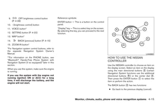 9.          OFF brightness control button          Reference symbols:
      (P. 4-28)                                     ENTER button — This is a button on the control
10. - (brightness control) button                   panel.
11. VOICE button*                                   “Display” key — This is a select key on the screen.
                                                    By selecting this key, you can proceed to the next
12. SETTING button (P. 4-22)                        function.
13. MAP button*
14.        BACK (previous) button (P. 4-15)
15. ZOOM IN button*
*For Navigation system control buttons, refer to
the separate Navigation System Owner’s
Manual.                                                                                                                                           LHA0882
**For information on the PHONE button, see                                                                HOW TO USE THE NISSAN
“Bluetoothா Hands-Free Phone System with                                                                  CONTROLLER
Navigation System (if so equipped)” later in this
section.                                                                                                  Use the NISSAN controller to choose an item on
When you use this system, make sure the engine                                                            the display screen. Select an item on the display
is running.                                                                                               using the main directional buttons ᭺ (certain
                                                                                                                                                2
                                                                                                          Navigation System functions use the additional
If you use the system with the engine not                                                                 directional buttons ᭺) or the center dial ᭺.
                                                                                                                               6                        3
running (ignition ON or ACC) for a long                                                                   Then press the ENTER button ᭺ to select the
                                                                                                                                           1
time, it will discharge the battery, and the                                                              item or perform the action.
engine will not start.
                                                                                                          The BACK button ᭺ has two functions:
                                                                                                                          4

                                                                                                           ● Go back to the previous display (cancel).



                                                                       Monitor, climate, audio, phone and voice recognition systems 4-15




                                                                                  ੬ REVIEW COPY—2009 Maxima (max)
                                                                                  Owners Manual—USA_English (nna)
                                                                                  10/21/08—tbrooks ੭
 