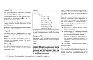 “Record” ᭺
         A                                             “Setup”                                          Up to 5 phones can be paired. If you try to pair a
                                                                                                        sixth phone, the system announces that you must
The system announces “Recording” and a tone              Main Menu                                      first delete one phone or replace an existing
sounds, signaling you to begin.
                                                                 “Setup”                                phone.
Speak the information you wish to record clearly.                     “Pair Phone” ᭺
                                                                                   A                    If you try to pair a phone that has already been
When you are done, press the              or                          “List Phone” ᭺
                                                                                   B                    paired to your vehicle’s system, the system an-
button on the steering wheel.                                                                           nounces the name the phone is already using.
                                                                      “Select Phone” ᭺
                                                                                     C
A tone sounds and the system announces                                                                  The pairing procedure will then be cancelled.
                                                                      “Change Priority” ᭺
                                                                                        D
“Memo recorded.” Another tone sounds to end                                                             When prompted by the system, choose from the
the VR session.                                                       “Delete Phone” ᭺
                                                                                     E
                                                                                                        following commands:
                                                                      “Select Ringtone” ᭺
                                                                                        F
If the memo pad is full, the system asks if you wish                                                     ● “New phone” — Refer to “Pairing a phone”
to record over the oldest memo.                                       “Bluetooth Off” ᭺
                                                                                      G
                                                                                                           earlier in this section.
“Play” ᭺
       B                                               Use the Setup command to change options as-       ● “Replace phone” — The system announces
                                                       sociated with the Bluetoothா Hands-Free Phone       the names of the phones already paired and
The system plays back all the memos in the order       System.
of newest to oldest. The system ends the VR                                                                asks which you would like to replace.
session.                                               “Pair phone” ᭺
                                                                    A
                                                                                                            Once you say the name of the phone you
If there are no memos recorded, the system an-         Use the Pair Phone command to pair a compat-         wish to replace, the pairing procedure will
nounces “No messages to play.” The system              ible phone to the Bluetoothா Hands-Free Phone        begin. Refer to “Pairing procedure” earlier in
ends the VR session.                                   System.                                              this section.

“Delete” ᭺
         C                                             NOTE:                                             ● “List phone” – See the description below.

The Delete command erases all memos. The               The pairing procedure must be performed          “List phone” ᭺
                                                                                                                     B

system asks you to confirm this action before          when the vehicle is stationary. If the vehicle   Use the List Phone command to hear the names
deleting all memos.                                    starts moving during the procedure, the          of the phones currently paired. If no phones are
                                                       procedure will be cancelled. Also, see
                                                                                                        paired, the system announces, “No paired
                                                       “Pairing procedure” earlier in this section
                                                                                                        phones to list.” The system then ends the VR
                                                       for additional information.
                                                                                                        session.
4-98 Monitor, climate, audio, phone and voice recognition systems




                                                                                  ੬ REVIEW COPY—2009 Maxima (max)
                                                                                  Owners Manual—USA_English (nna)
                                                                                  11/03/08—debbie ੭
 