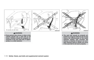 SSS0134                                       SSS0016

                 WARNING                                                                            WARNING
● Every person who drives or rides in this                                        ● The seat belt should be properly ad-
  vehicle should use a seat belt at all                                             justed to a snug fit. Failure to do so may
  times. Children should be properly re-                                            reduce the effectiveness of the entire
  strained in the rear seat and, if appro-                                          restraint system and increase the
  priate, in a child restraint.                                                     chance or severity of injury in an acci-
                                                                                    dent. Serious injury or death can occur
                                                                                    if the seat belt is not worn properly.




1-10 Safety—Seats, seat belts and supplemental restraint system




                                                                  ੬ REVIEW COPY—2009 Maxima (max)
                                                                  Owners Manual—USA_English (nna)
                                                                  10/20/08—debbie ੭
 