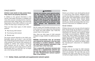 CHILD SAFETY                                                               WARNING                           Infants
Children need adults to help protect them.            Infants and children need special protec-              Infants up to at least 1 year old should be placed
They need to be properly restrained.                  tion. The vehicle’s seat belts may not fit             in a rear-facing child restraint. NISSAN recom-
                                                      them properly. The shoulder belt may                   mends that infants be placed in child restraints
In addition to the general information in this
                                                      come too close to the face or neck. The                that comply with Federal Motor Vehicle Safety
manual, child safety information is available from                                                           Standards or Canadian Motor Vehicle Safety
                                                      lap belt may not fit over their small hip
many other sources, including doctors, teachers,      bones. In an accident, an improperly fit-              Standards. You should choose a child restraint
government traffic safety offices, and community      ting seat belt could cause serious or fatal            that fits your vehicle and always follow the manu-
organizations. Every child is different, so be sure   injury. Always use appropriate child                   facturer’s instructions for installation and use.
to learn the best way to transport your child.        restraints.
                                                                                                             Small children
There are three basic types of child restraint        All U.S. states and Canadian provinces or terri-
systems:                                                                                                     Children that are over one year old and weigh at
                                                      tories require the use of approved child restraints    least 20 lbs (9 kg) can be placed in a forward-
 ● Rear-facing child restraint                        for infants and small children. See “Child Re-         facing child restraint. Refer to the manufacturer’s
                                                      straints” later in this section.                       instructions for minimum and maximum weight
 ● Front-facing child restraint
                                                      Also, there are other types of child restraints        and height recommendations. NISSAN recom-
 ● Booster seat                                       available for larger children for additional protec-   mends that small children be placed in child
                                                      tion.                                                  restraints that comply with Federal Motor Vehicle
The proper restraint depends on the child’s size.
                                                                                                             Safety Standards or Canadian Motor Vehicle
Generally, infants up to about 1 year and less        NISSAN recommends that all pre-teens                   Safety Standards. You should choose a child
than 20 lbs (9 kg) should be placed in rear-facing    and children be restrained in the rear seat.           restraint that fits your vehicle and always follow
child restraints. Front-facing child restraints are   According to accident statistics, children             the manufacturer’s instructions for installation
available for children who outgrow rear-facing        are safer when properly restrained in the              and use.
child restraints and are at least 1 year old.         rear seat than in the front seat.
Booster seats are used to help position a vehicle                                                            Larger children
lap/shoulder belt on a child who can no longer        This is especially important because your
                                                                                                             Children who are too large for child restraints
use a front-facing child restraint.                   vehicle has a supplemental restraint sys-
                                                                                                             should be seated and restrained by the seat belts
                                                      tem (Air bag system) for the front passen-             which are provided. The seat belt may not fit
                                                      ger. See “Supplemental restraint system”               properly if the child is less than 4 ft 9 in (142.5
                                                      later in this section.                                 cm) tall and weighs between 40 lbs (18 kg) and
1-12 Safety—Seats, seat belts and supplemental restraint system




                                                                                     ੬ REVIEW COPY—2009 Maxima (max)
                                                                                     Owners Manual—USA_English (nna)
                                                                                     10/20/08—debbie ੭
 