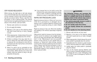 OFF-ROAD RECOVERY                                      ● If you decide that it is not safe to return the
                                                                                                                               WARNING
                                                         vehicle to the road surface based on vehicle,
While driving, the right side or left side wheels        road or traffic conditions, gradually slow the     The following actions can increase the
may unintentionally leave the road surface. If this      vehicle to a stop in a safe place off the road.    chance of losing control of the vehicle if
occurs, maintain control of the vehicle by follow-                                                          there is a sudden loss of tire air pressure.
ing the procedure below. Please note that this        RAPID AIR PRESSURE LOSS                               Losing control of the vehicle may cause a
procedure is only a general guide. The vehicle                                                              collision and result in personal injury.
                                                      Rapid air pressure loss or a “blow-out” can occur
must be driven as appropriate based on the con-
                                                      if the tire is punctured or is damaged due to         ● The vehicle generally moves or pulls in
ditions of the vehicle, road and traffic.                                                                     the direction of the flat tire.
                                                      hitting a curb or pothole. Rapid air pressure loss
 1. Remain calm and do not overreact.                 can also be caused by driving on under-inflated       ● Do not rapidly apply the brakes.
                                                      tires.                                                ● Do not rapidly release the accelerator
 2. Do not apply the brakes.
                                                                                                              pedal.
                                                      Rapid air pressure loss can affect the handling
 3. Maintain a firm grip on the steering wheel
                                                      and stability of the vehicle, especially at highway   ● Do not rapidly turn the steering wheel.
    with both hands and try to hold a straight
                                                      speeds.                                               1. Remain calm and do not over react.
    course.
                                                      Help prevent rapid air pressure loss by maintain-     2. Maintain a firm grip on the steering wheel
 4. When appropriate , slowly release the accel-
                                                      ing the correct air pressure and visually inspect        with both hands and try to hold a straight
    erator pedal to gradually slow the vehicle.
                                                      the tires for wear and damage. See “Wheels and           course.
 5. If there is nothing in the way, steer the ve-     tires” in the “Maintenance and do-it-yourself”        3. When appropriate, slowly release the accel-
    hicle to follow the road while vehicle speed      section of this manual. If a tire rapidly loses air      erator pedal to gradually slow the vehicle.
    is reduced. Do not attempt to drive the ve-       pressure or “blows-out” while driving, maintain
                                                                                                            4. Gradually steer the vehicle to a safe location
    hicle back onto the road surface until vehicle    control of the vehicle by following the procedure
                                                                                                               off the road and away from traffic if possible.
    speed is reduced.                                 below. Please note that this procedure is only a
                                                      general guide. The vehicle must be driven as          5. Lightly apply the brake pedal to gradually
 6. When it is safe to do so, gradually turn the                                                               stop the vehicle.
                                                      appropriate based on the conditions of the ve-
    steering wheel until both tires return to the                                                           6. Turn on the hazard warning flashers and
                                                      hicle, road and traffic.
    road surface. When all tires are on the road                                                               either contact a roadside emergency service
    surface, steer the vehicle to stay in the ap-                                                              to change the tire or see “Changing a flat
    propriate driving lane.                                                                                    tire” in the “In case of emergency” section of
                                                                                                               this manual.
5-6 Starting and driving




                                                                                    ੬ REVIEW COPY—2009 Maxima (max)
                                                                                    Owners Manual—USA_English (nna)
                                                                                    11/03/08—debbie ੭
 