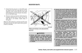 BOOSTER SEATS


 7. Check that the retractor is in the ALR mode                                                     ● Infants and small children should never
    by trying to pull more seat belt out of the                                                       be carried on your lap. It is not possible
    retractor. If you cannot pull any more seat                                                       for even the strongest adult to resist the
    belt webbing out of the retractor, the retrac-                                                    forces of a severe accident. The child
    tor is in the ALR mode.                                                                           could be crushed between the adult and
 8. Check to make sure that the child restraint is                                                    parts of the vehicle. Also, do not put the
    properly secured prior to each use. If the                                                        same seat belt around both your child
    seat belt is not locked, repeat steps 3                                                           and yourself.
    through 6.                                                                                      ● NISSAN recommends that the booster
After the child restraint is removed and the seat                                                     seat be installed in the rear seat. Ac-
belt fully retracted, the ALR mode (child restraint                                                   cording to accident statistics, children
mode) is canceled.                                                                                    are safer when properly restrained in
                                                                                                      the rear seat than in the front seat. If
                                                                                         ARS1098      you must install a booster seat in the
                                                                                                      front seat, see “Booster seat installa-
                                                      PRECAUTIONS ON BOOSTER                          tion” in this section.
                                                      SEATS                                         ● A booster seat must only be installed in
                                                                                                      a seating position that has a
                                                                       WARNING                        lap/shoulder belt. Failure to use a
                                                      ● Infants and small children should al-         three-point type seat belt with a
                                                        ways be placed in an appropriate child        booster seat can result in a serious in-
                                                        restraint while riding in the vehicle.        jury in sudden stop or collision.
                                                        Failure to use a child restraint or         ● Improper use or improper installation
                                                        booster seat can result in serious injury     of a booster seat can increase the risk
                                                        or death.                                     or severity of injury for both the child
                                                                                                      and other occupants of the vehicle and
                                                                                                      can lead to serious injury or death in an
                                                                                                      accident.


                                                                       Safety—Seats, seat belts and supplemental restraint system 1-31




                                                                                ੬ REVIEW COPY—2009 Maxima (max)
                                                                                Owners Manual—USA_English (nna)
                                                                                10/20/08—debbie ੭
 