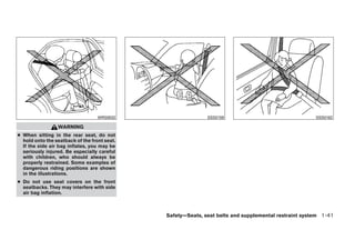 WRS0032                   SSS0159                                  SSS0162

                 WARNING
● When sitting in the rear seat, do not
  hold onto the seatback of the front seat.
  If the side air bag inflates, you may be
  seriously injured. Be especially careful
  with children, who should always be
  properly restrained. Some examples of
  dangerous riding positions are shown
  in the illustrations.
● Do not use seat covers on the front
  seatbacks. They may interfere with side
  air bag inflation.



                                              Safety—Seats, seat belts and supplemental restraint system 1-41




                                                     ੬ REVIEW COPY—2009 Maxima (max)
                                                     Owners Manual—USA_English (nna)
                                                     10/20/08—debbie ੭
 