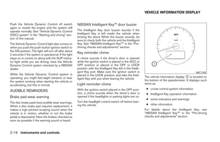 VEHICLE INFORMATION DISPLAY


Push the Vehicle Dynamic Control off switch            NISSAN Intelligent Key™ door buzzer
again or restart the engine and the system will
operate normally. See “Vehicle Dynamic Control         The Intelligent Key door buzzer sounds if the
(VDC) system” in the “Starting and driving” sec-       Intelligent Key is left inside the vehicle when
                                                       locking the doors When the buzzer sounds, be
tion of this manual.
                                                       sure to check both the vehicle and the Intelligent
The Vehicle Dynamic Control light also comes on        Key. See “NISSAN Intelligent Key™” in the “Pre-
when you push the push-button ignition switch to       driving checks and adjustments” section.
the ON position. The light will turn off after about
2 seconds if the system is operational. If the light
                                                       Key reminder chime
stays on or comes on along with the SLIP indica-       A chime sounds if the driver’s door is opened
tor light while you are driving, have the Vehicle      while the ignition switch is placed in the ACC or
Dynamic Control system checked by a NISSAN             OFF position or placed in the OFF or LOCK
dealer.                                                position with the Intelligent Key left in the Intelli-
                                                       gent Key port. Make sure the ignition switch is                                                 WIC1102
While the Vehicle Dynamic Control system is            placed in the LOCK position, and take the Intel-
operating, you might feel slight vibration or hear                                                              The vehicle information display ᭺ is located on
                                                                                                                                                1
                                                       ligent Key with you when leaving the vehicle.
the system working when starting the vehicle or                                                                 the bottom of the speedometer. It displays such
accelerating, but this is normal.                      Light reminder chime                                     items as:
                                                       With the ignition switch placed in the OFF posi-          ● cruise control system information
AUDIBLE REMINDERS
                                                       tion, a chime sounds when the driver’s door is            ● Intelligent Key operation information
Brake pad wear warning                                 opened if the headlights or parking lights are on.
                                                                                                                 ● some indicators and warnings
The disc brake pads have audible wear warnings.        Turn the headlight control switch off before leav-
                                                       ing the vehicle.                                          ● other information
When a disc brake pad requires replacement, it
makes a high pitched scraping sound when the                                                                    For details about the Intelligent Key, see
vehicle is in motion, whether or not the brake                                                                  “NISSAN Intelligent Key™” in the “Pre-driving
pedal is depressed. Have the brakes checked as                                                                  checks and adjustments” section.
soon as possible if the warning sound is heard.



2-16 Instruments and controls




                                                                                       ੬ REVIEW COPY—2009 Maxima (max)
                                                                                       Owners Manual—USA_English (nna)
                                                                                       10/20/08—debbie ੭
 