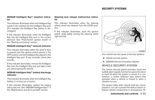 SECURITY SYSTEMS


NISSAN Intelligent Key™ insertion indica-               Steering lock release malfunction indica-
tor                                                     tor
This indicator illuminates when the Intelligent Key     This indicator illuminates when the steering
needs to be inserted into the Intelligent Key port.     wheel cannot be released from the LOCK posi-
(For example, the Intelligent Key battery is dis-       tion.
charged.)                                               If this indicator illuminates, push the ignition
If this indicator illuminates, insert the Intelligent   switch while lightly turning the steering wheel
Key into the Intelligent Key port in the correct        right and left.
direction. See “Push-button ignition switch” in
the “Starting and driving” section.
NISSAN Intelligent Key™ removal indicator
This indicator illuminates when the driver’s door
                                                                                                                                                         LIC0301
is opened with the ignition switch placed in the
OFF position and the Intelligent Key placed in the                                                         Your vehicle has two types of security systems:
Intelligent Key port. A key reminder chime also                                                             ● Vehicle security system
sounds.
                                                                                                            ● NISSAN Vehicle Immobilizer System
If this indicator illuminates, remove the Intelligent
Key from the Intelligent Key port and take it with                                                         VEHICLE SECURITY SYSTEM
you when leaving the vehicle.                                                                              The vehicle security system provides visual and
NISSAN Intelligent Key™ battery discharge                                                                  audible alarm signals if someone opens the doors
indicator                                                                                                  or trunk lid when the system is armed. It is not,
                                                                                                           however, a motion detection type system that
This indicator illuminates when the Intelligent Key                                                        activates when a vehicle is moved or when a
battery is running out of power.                                                                           vibration occurs.
If this indicator illuminates, replace the battery                                                         The system helps deter vehicle theft but cannot
with a new one. See “NISSAN Intelligent Key™” in                                                           prevent it, nor can it prevent the theft of interior or
the “Maintenance and do-it-yourself” section.                                                              exterior vehicle components in all situations. Al-
                                                                                                                      Instruments and controls 2-23




                                                                                    ੬ REVIEW COPY—2009 Maxima (max)
                                                                                    Owners Manual—USA_English (nna)
                                                                                    10/20/08—debbie ੭
 